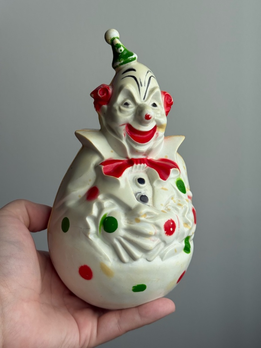 Roly Poly Vintage Polkadot Circus Clown Wobble Rattle c1950s by Reliable Toys
